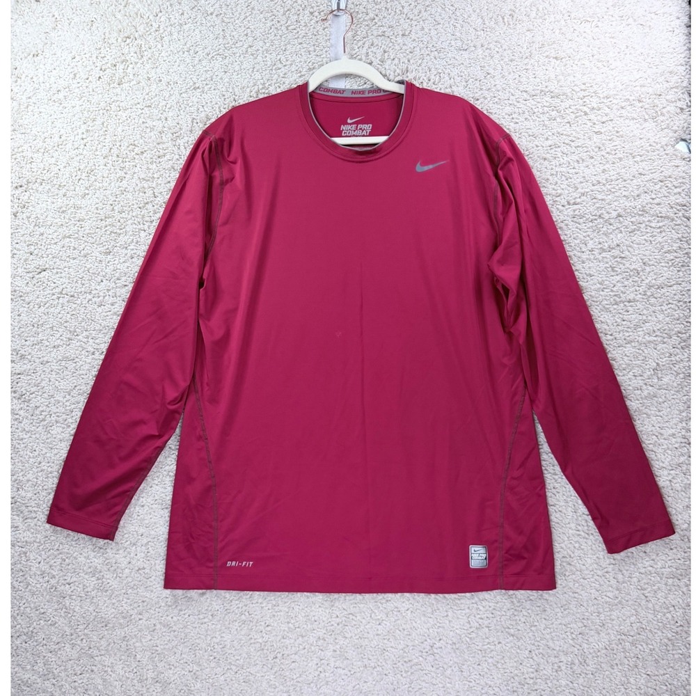 Nike Pro Combat Shirt Mens 2XL Red Long Sleeve Dri-FIT Fitted Gym Training Top